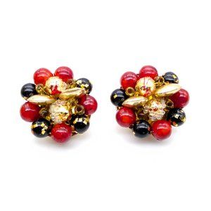 Vintage Red and Gold Cluster Earrings, Shimmer and Glow Clip Ons from Mid Centur